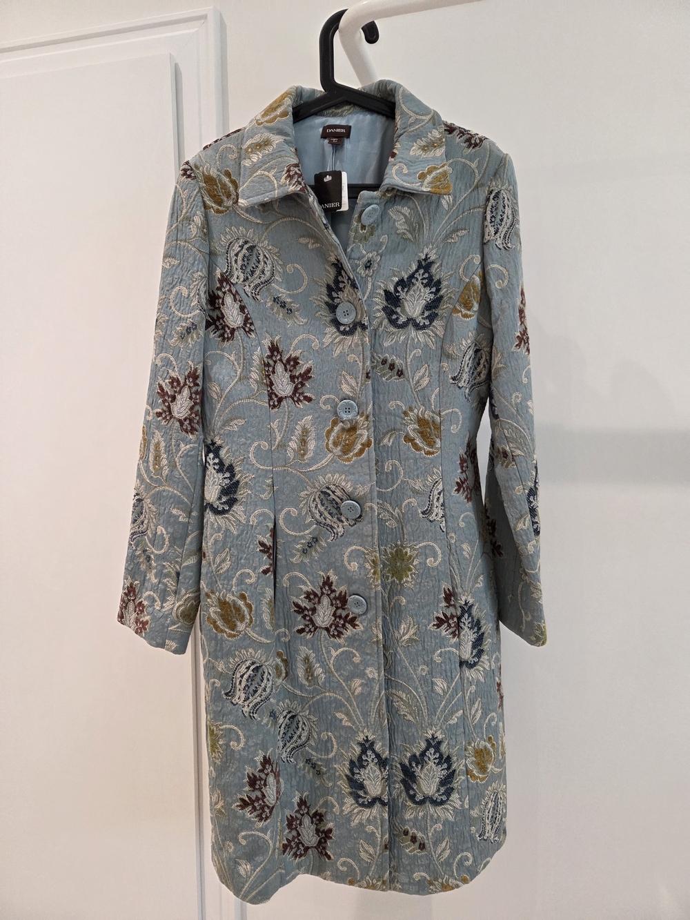 Danier Turquoise Blue Quilted Floral Trench Coat S NWT